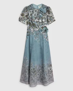 Blue Floral 3D Corsage Midi Dress