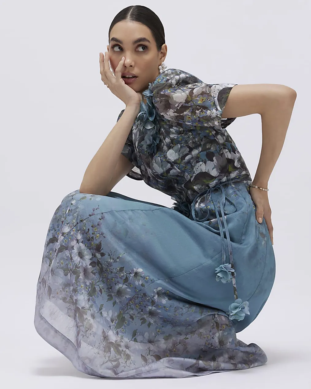 Blue Floral 3D Corsage Midi Dress
