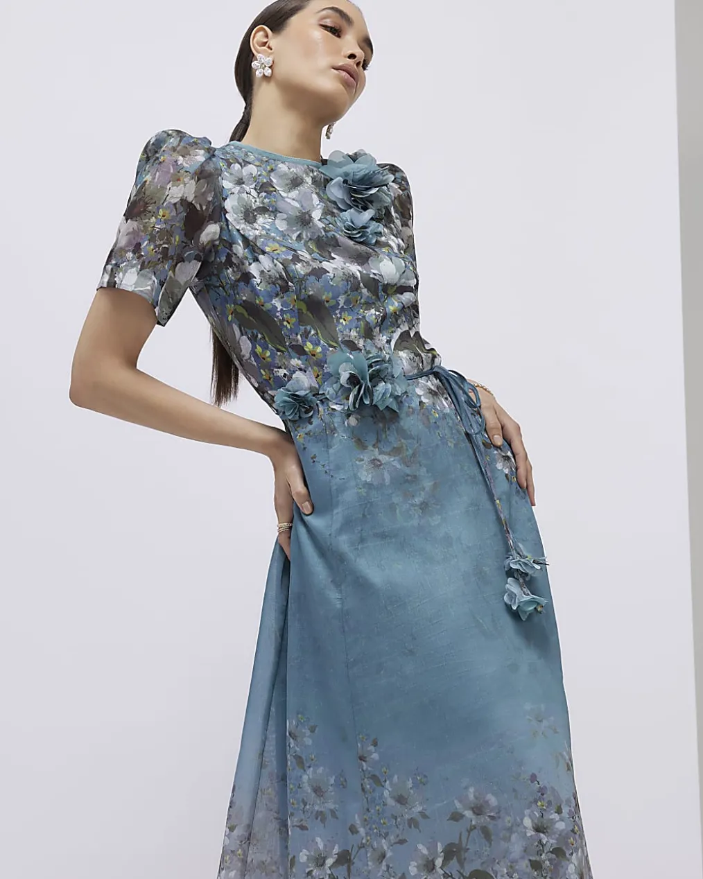 Blue Floral 3D Corsage Midi Dress