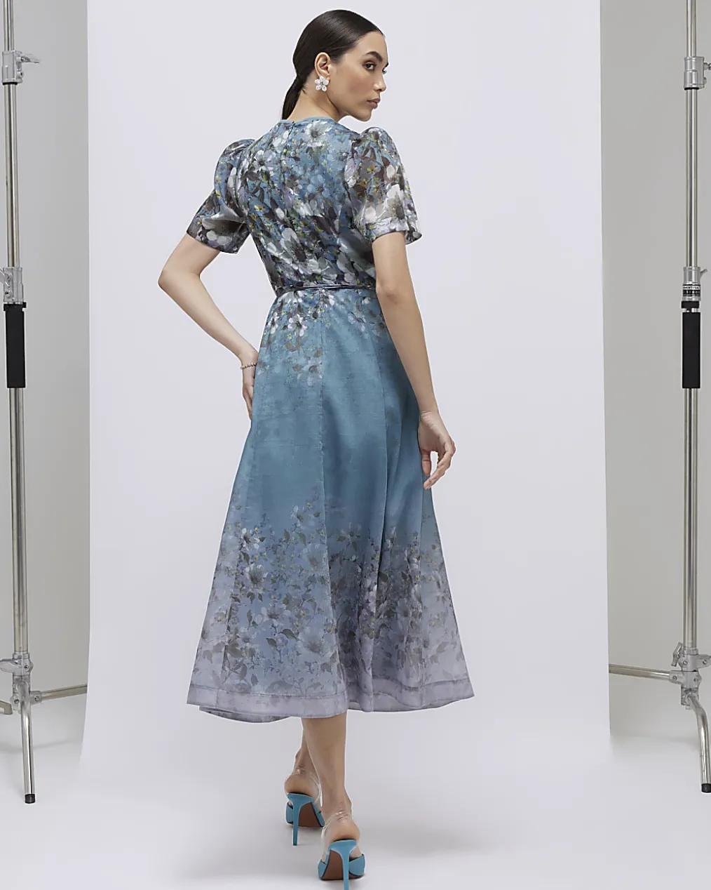 Blue Floral 3D Corsage Midi Dress