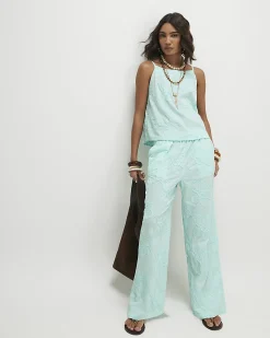 Blue Floral 3D Embroidered Textured Trousers