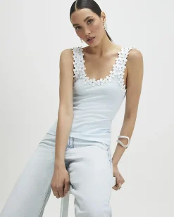 Blue Floral Diamante Trim Tank Top