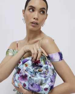 Blue Floral Embellished Grab Top Clutch Bag