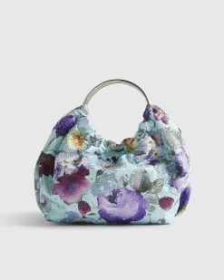 Blue Floral Embellished Grab Top Clutch Bag