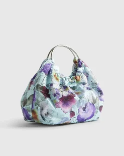 Blue Floral Embellished Grab Top Clutch Bag