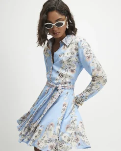 Blue Floral Godet Mini Shirt Dress