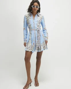 Blue Floral Godet Mini Shirt Dress
