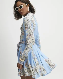 Blue Floral Godet Mini Shirt Dress