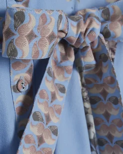Blue Floral Godet Mini Shirt Dress