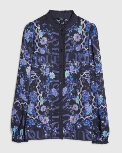 Blue Floral Long Sleeve Ruffle Blouse