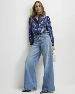 Blue Floral Long Sleeve Ruffle Blouse