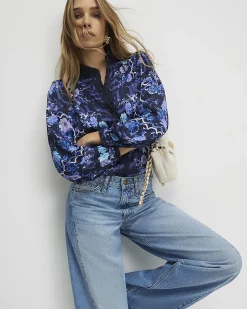 Blue Floral Long Sleeve Ruffle Blouse