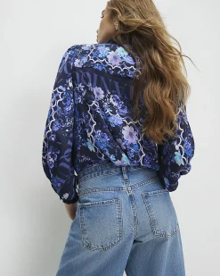 Blue Floral Long Sleeve Ruffle Blouse