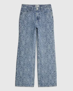 Blue Floral Print Relaxed Straight Jeans