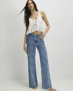 Blue Floral Print Relaxed Straight Jeans