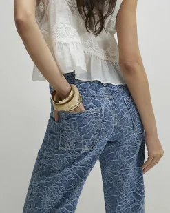 Blue Floral Print Relaxed Straight Jeans