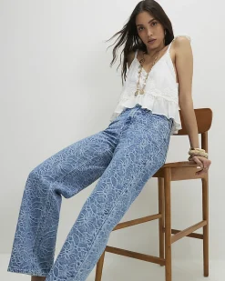 Blue Floral Print Relaxed Straight Jeans