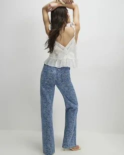 Blue Floral Print Relaxed Straight Jeans