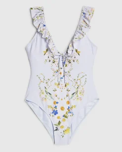 Blue Floral Print Tie Front Swimsuit