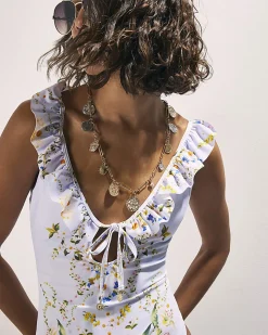 Blue Floral Print Tie Front Swimsuit