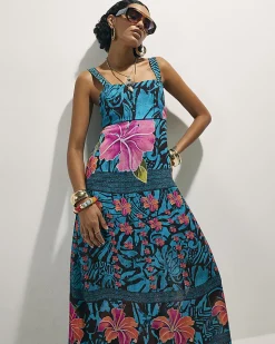 Blue Floral Printed Babydoll Maxi Dress