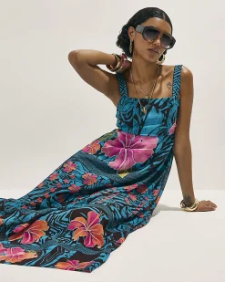 Blue Floral Printed Babydoll Maxi Dress