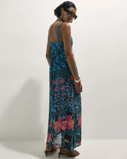 Blue Floral Printed Babydoll Maxi Dress