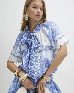 Blue Floral Pussybow Blouse
