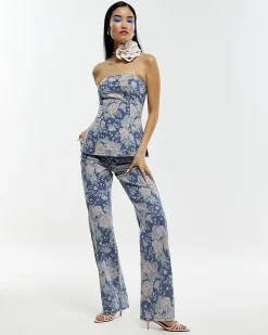 Blue Floral Relaxed Straight Jeans
