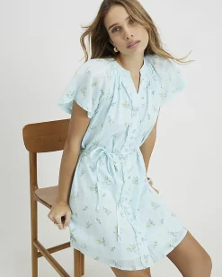 Blue Floral Short Sleeve Mini Dress