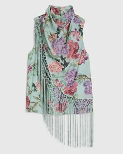 Blue Floral Tassel Tank Top