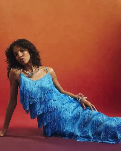 Blue Fringed Midi Dress