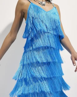 Blue Fringed Midi Dress