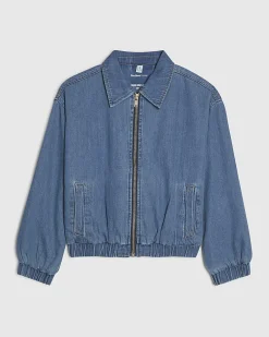 Blue Gather Detail Denim Bomber Jacket