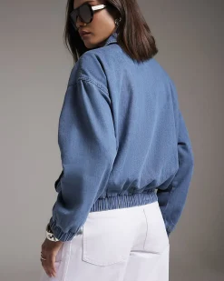 Blue Gather Detail Denim Bomber Jacket