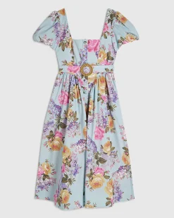 Blue Gathered Hip Floral Midi Dress