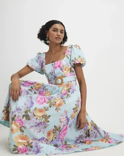 Blue Gathered Hip Floral Midi Dress