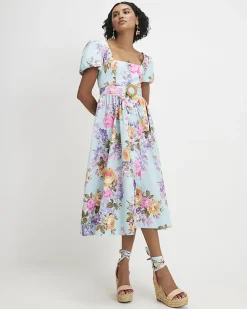Blue Gathered Hip Floral Midi Dress