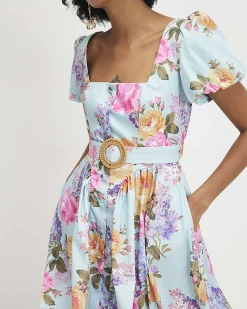 Blue Gathered Hip Floral Midi Dress