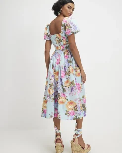 Blue Gathered Hip Floral Midi Dress