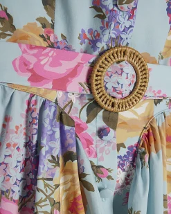Blue Gathered Hip Floral Midi Dress
