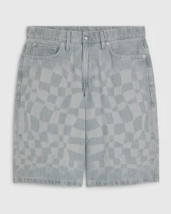 Blue Geometric Print Denim Shorts