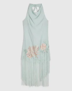 Blue Halter Embroidered Tassel Mini Dress