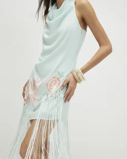 Blue Halter Embroidered Tassel Mini Dress