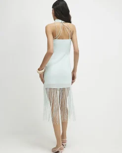 Blue Halter Embroidered Tassel Mini Dress