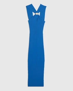 Blue Halter Neck Brooch Knitted Midi Dress