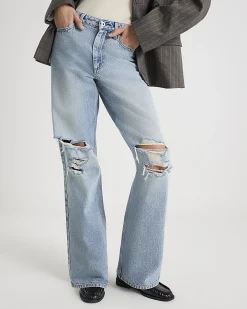 Blue High Rise Relaxed Straight Ripped Jeans