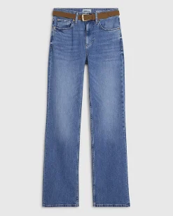 Blue High Waisted Belted Straight Leg Jeans