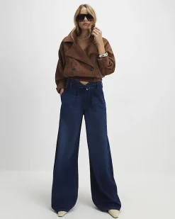Blue High Waisted Tie Detail Wide Leg Jeans
