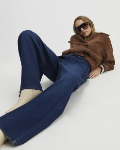 Blue High Waisted Tie Detail Wide Leg Jeans